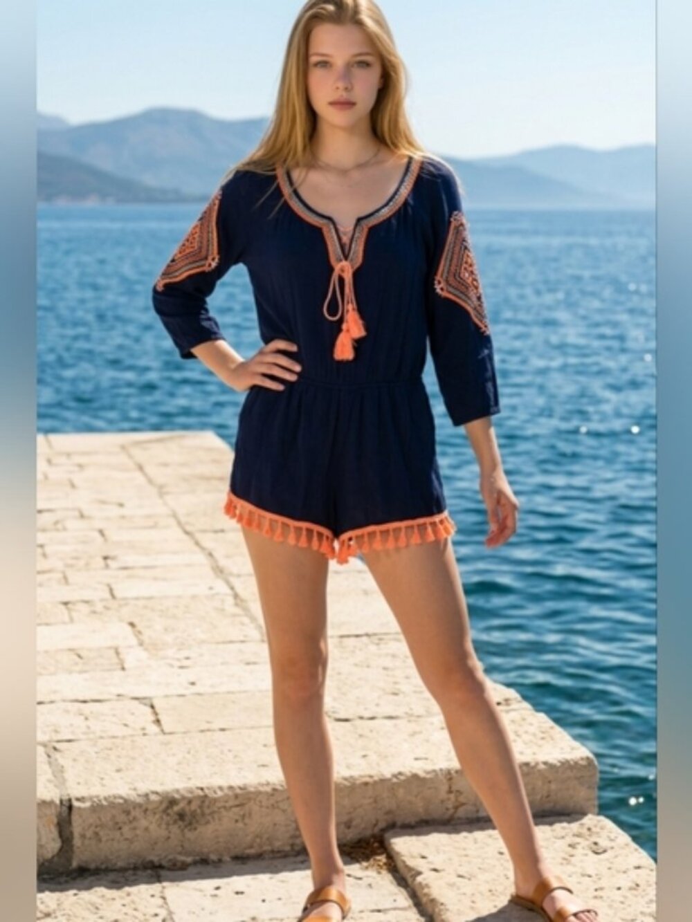 Altar'd State SZ M Boho Embroidered Tassel Tribal Shorts Romper 3/4 Sleeve Lined